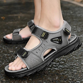 Висококачествени мъжки сандали на танкетке от естествена кожа, лятото дишащи нескользящие плажни сандали за мъже, градинска ежедневни обувки на платформа