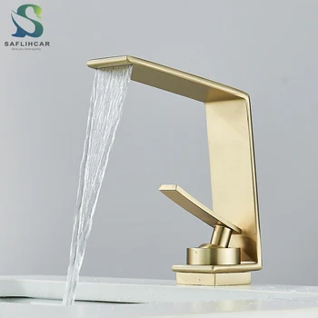 Нов модерен матиран златен смесител за мивка в банята, смесител за топла и студена вода, водопад, монтирани на бортике, кран за мивка, заоблен дизайн