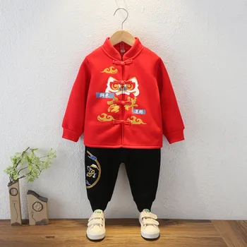Комплект зимни якета и панталони за момчета, костюм на китайската Нова година, червен плюс velvet костюм Тан, връхни облекла, детски дрехи