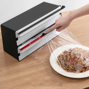 Нож за хранително-вкусовата храна филм 2 В 1 с нож от алуминиево фолио и восък, бамбук диспенсер за опаковане в кухненски кутия