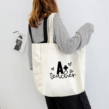 Чанта на едно рамо със забавна принтом A + Teacher, дамски чанти-тоут голям капацитет, холщовая чанта, дамска чанта за пазаруване