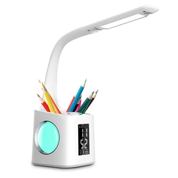 Светодиодна настолна лампа, цветно осветление, Многофункционално настолна лампа с календар, USB-сензорен лека нощ с притежателя на химикалки за четене
