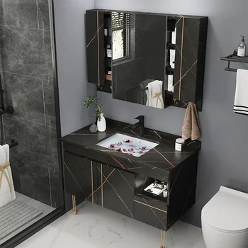 Каменна плака, Комбиниран шкаф за баня, Тоалетка с огледало, Пълен комплект модерен минималистичен мивка за баня, Ръчен Стил на банята