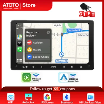 ATOTO F7WE 9-Инчов Авто Радио 2 Din Безжичен CarPlay Android Auto HD Сензорен екран Кола Стерео Bluetooth В режим на Реално Време С Изглед отзад USB Видео