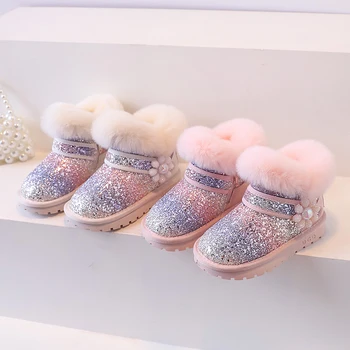 Детски обувки 2023, зимни нови зимни обувки за момичета, многоцветни пайети, зайци кожа, плюш топли ботуши принцеса от 1 до 15 години