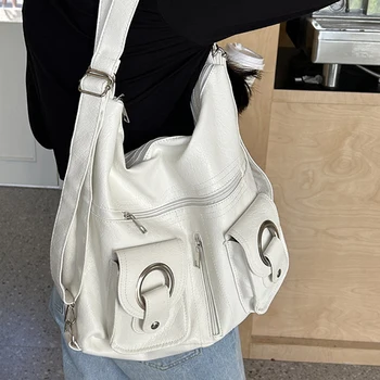 Дамски реколта чанта през рамо, универсална кожена чанта-тоут, с много джобове, ретро чанта-тоут, чанта с горната дръжка, училище, работно раница
