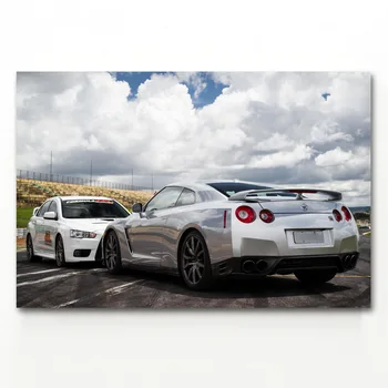 Стенни художествена картина на Lancer Evolution vs Nissan GTR R35, плакати със спортни коли и щампи, рисунки върху платно за декор на стаята