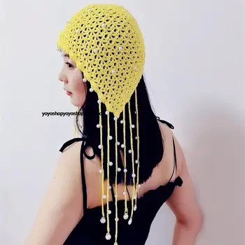 Нова вълна вязаная дамски шапка с перлената четка за cosplay, жълто-розова шапка, размер: 55 см-60 см