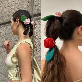 Корейската Мода Розата е Цветето на Зелен Лист Въже За Коса Сладко Лято Travel за Романтична Прическа за Жените Момиче Еластична Дъвка