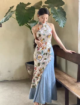 Секси лятна рокля в стил мозайка с маслена рисувани, с тънък деколте, без ръкави, в китайски стил, Superior Чонсам