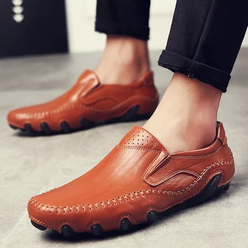 Дамски ежедневни обувки без обков от естествена кожа върху плоска подметка, Нова мода дълбока дишаща модел обувки за мъже, Улични мъжки лоферы