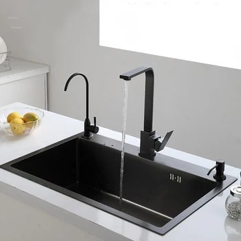 Черна кухненска мивка Nano, кухненски мивки от неръждаема стомана 304, маса с един слот, среден и долен тенджери, кухненски принадлежности
