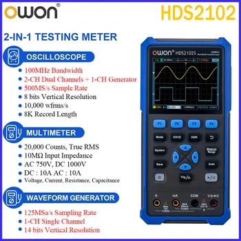 OWON HDS2102 HDS2102S 2-Канален Ръчен Осцилоскоп, честотна лента 100 Mhz, Генератор на формата на сигнала, Генератор на сигнали 500 MS/С