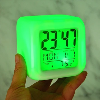 Стилна квадратна часовници, 7 цвята, ключове за осветление, за деца, които не спят, показване на календара, Времето, повторение, Дата, седмица на Едро