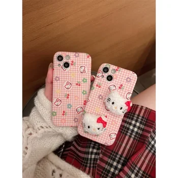 Нов Iphone15 Sanrio Kawaii Hellokitty Калъфче За Телефон С Дизайн На Аниме Плюшено Антиколлизионный Есен Зима Сладко Момиче Подарък За Рождения Ден На Красотата