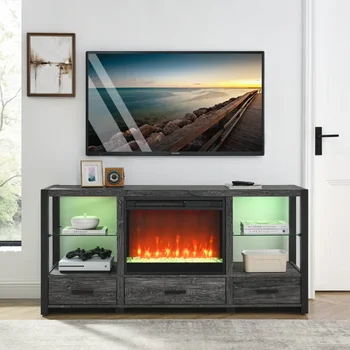 60-Инчов Шкаф за телевизор с Електрическа Камина и осветление Sync Цветни LED-Тъмен селски дъб за вътрешната мебели в хола