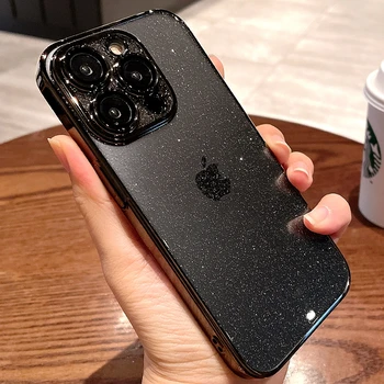 Луксозен прозрачен блестящ калъф за телефон iPhone 11 12 13 14 15 Pro Max Plus, броня с покритие покритие, прозрачен калъф устойчив на удари