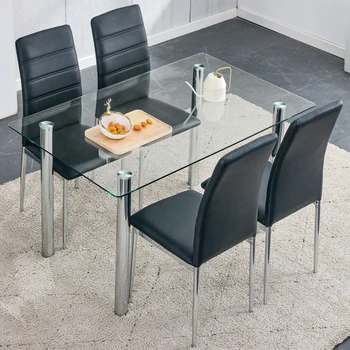 Трапезна маса с плот от прозрачно закалено стъкло и сребърен цвят с метални крака, стол от изкуствена кожа с гальваническими метални крака, 1 маса за хранене и 4 стола