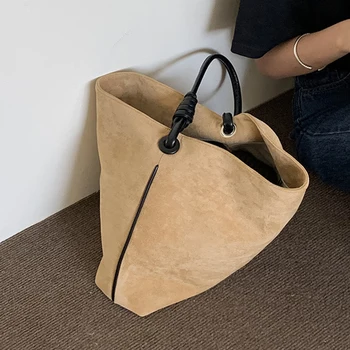 Дамски замшевая чанта-тоут, лека мека чанта-чанта, голям голям ретро чанта през рамо, чанта с горната дръжка, пътна работна чанта