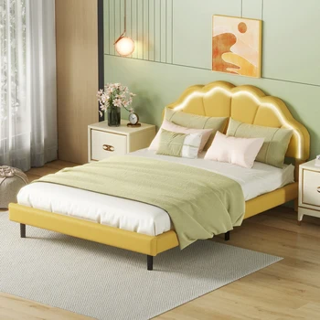 Мек диван 140x200 см, Мек плаващ рамка на легло с led подсветка и дизайн на таблата, Плоски, спалня за гости, за спални