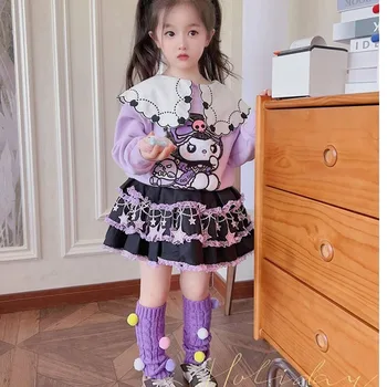 2024 Sanrio Kuromi Kawaii Аниме Пролет Есен Нов модерен комплект с качулка за момичета, Милото мультяшное бебешка рокля на принцеса, набор от играчки за деца