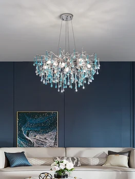 Луксозен кристален led подвесная лампа в скандинавски стил, сребристо-хромирани полилей за спални, всекидневна, трапезария, дизайнерски осветителни тела под формата на клони на дърво