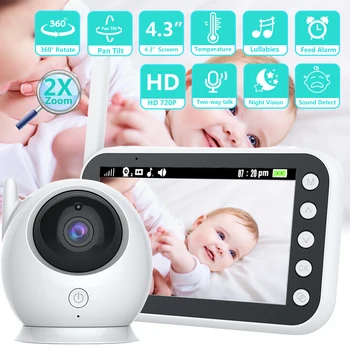 Видеоняня 2.4 G Безжична с 4,3-инчов LCD дисплей, двупосочен аудиовызов, камера за наблюдение за нощно виждане, гледане на деца от 2-кратно увеличение