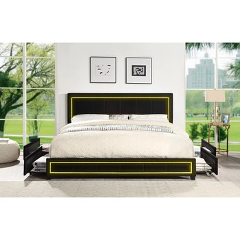 Живеейки легло-платформа Eastern King Size с led подсветка, легло за съхранение на неща с 4 чекмеджета, плат черен / бежов цвят