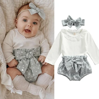 Ma & Baby 0-18 м, Комплект дрехи за новородени момичета, завързана гащеризон с дълъг ръкав, къси Панталони с лък, есента и през пролетта костюм Bloomer DD40