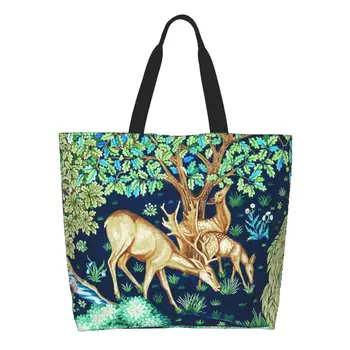 За многократна употреба Горски животни Чанта за пазаруване с елени Уилям Морис Дамски холщовая чанта през рамо за Преносими чанти за пазаруване с продукти