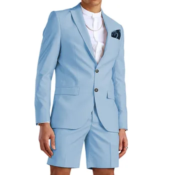 Случайни Години Light Blue Мъжки костюм С Къси панталони, Смокинг на Младоженеца от 2 части, с Плажна Сватбена рокля, костюм Homme Mariage (Сако + панталон)