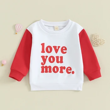 Облекло За Свети Валентин за малки момчета и момичета Love You More Hoody Оверсайз с цветен блок, пуловер с кръгло деколте, пуловери, ризи, топ