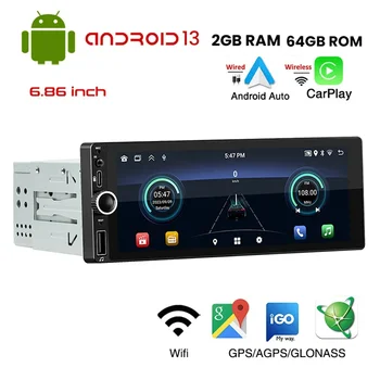 1 Din Автомагнитола Android Безжична CarPlay Mirror Линк Bluetooth, WiFi, Android-Авто 6,86 инча GPS Навигация Мултимедиен плеър