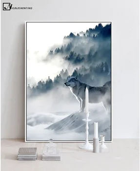 NICOLESHENTING Скандинавски изкуство, Вълк, Заснежени планини, платно, плакат, изчистен принт, Изображението на природата, Модерна декорация за домашно стая