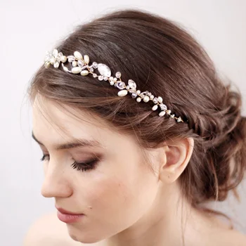 Дамски романтична сватба ленти с кристали, лента за коса с ръчно изработени, златна диадема, сватбени шапки за аксесоари за коса
