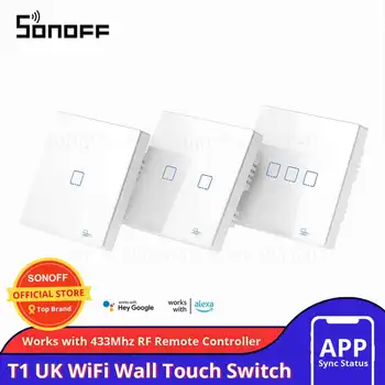 Sonoff T1 Smart WiFi RF / APP / Стенен прекъсвач светлина със сензорен контрол 1 /2 /3 Британски панел докосване на ключа на светлината Gang 86 тип Умна къща