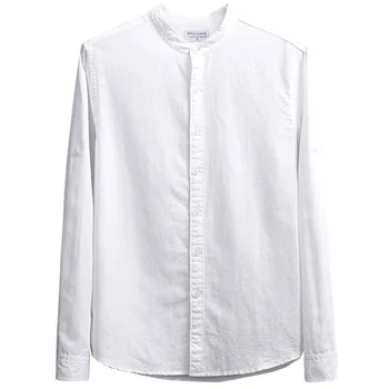 2023 Нова Японската бельо риза с дълъг ръкав и кръгло деколте, мъжки Голяма Свободна Универсална Бяла риза от памук и лен с висока яка