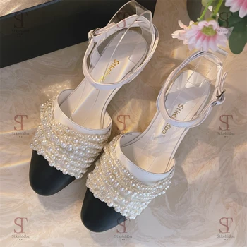 По-големи размери 34-42, Дамски сандали с кръгло бомбе и перли, дамски летни сандали от естествена кожа, кожени обувки с перли